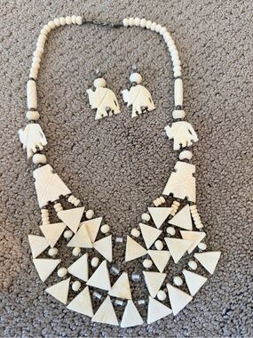 Vintage Carved Bone Elephants and Beads Statement Necklace Matching Earring Set